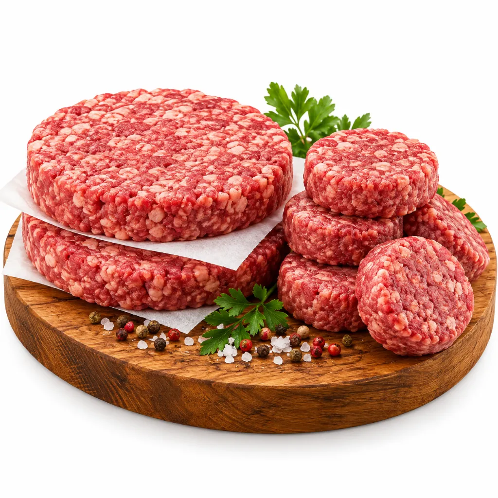 Raw Beef Patties on Wooden Board.webp